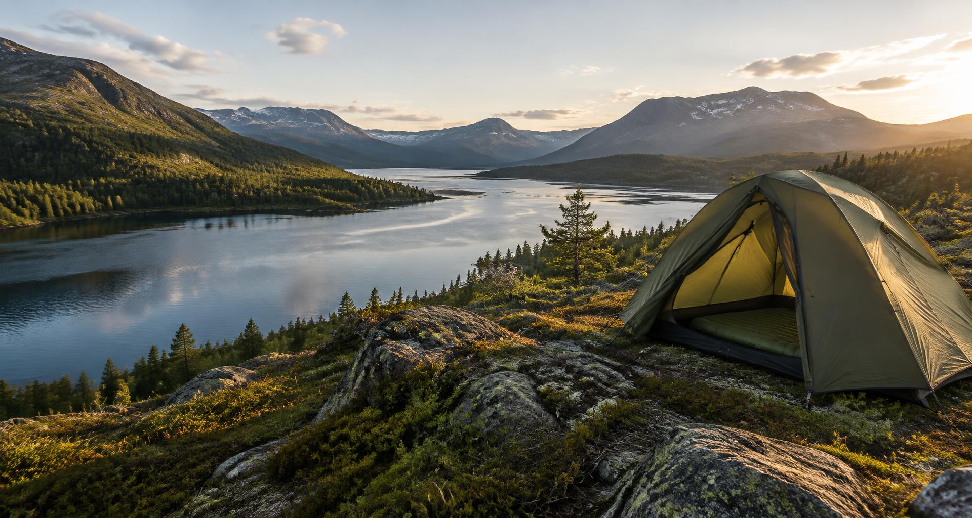 Fjällsjö och tält i kvällsljus